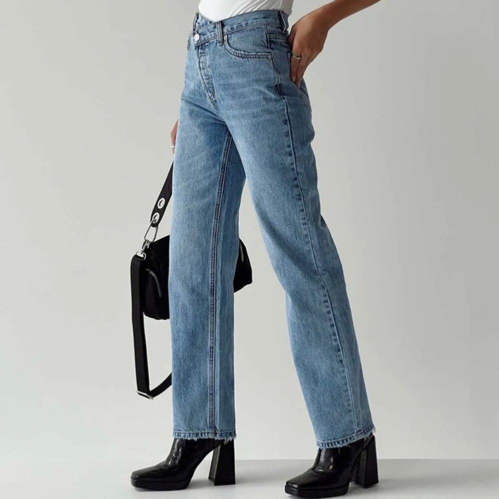 Princess Polly Asymmetrical Straight Leg Jeans Light Wash Denim Button Fly SZ 0